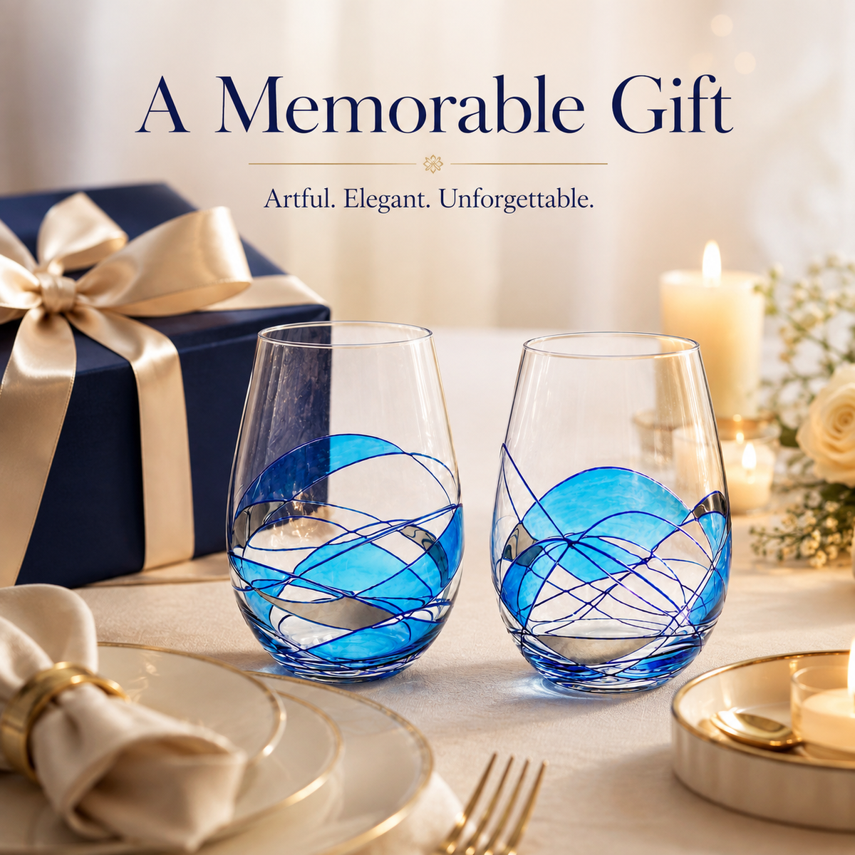 Mediterranean Blue stemless wine glasses, 17 oz – additional product angle