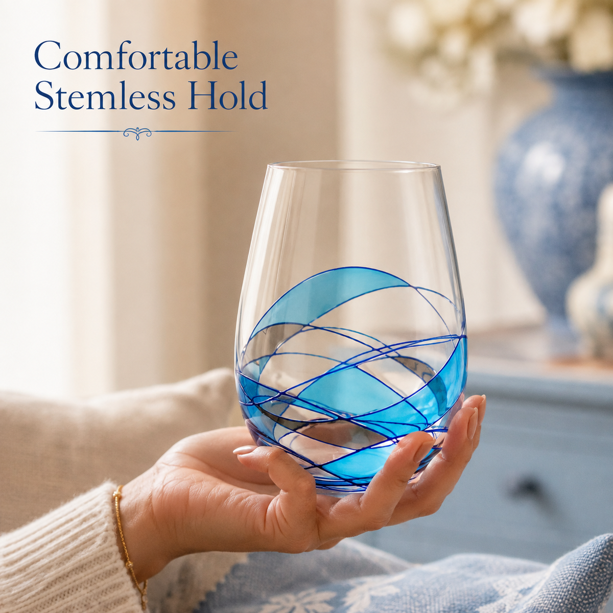 Mediterranean Blue stemless wine glasses, 17 oz – additional product angle