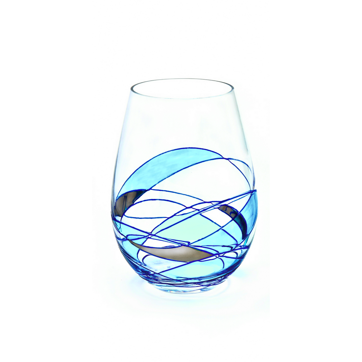 Mediterranean Blue stemless wine glasses, 17 oz – styled table setting