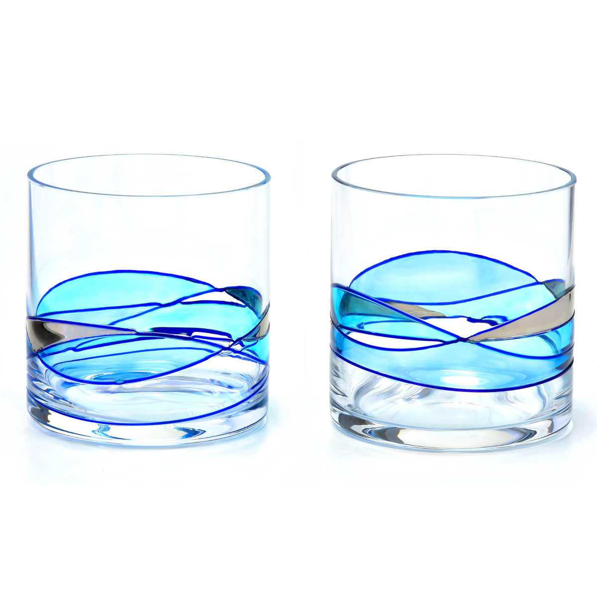 Mediterranean Blue hand-painted whiskey glasses, 12 oz, set of 2 – main product photo, Victoria Barcelona