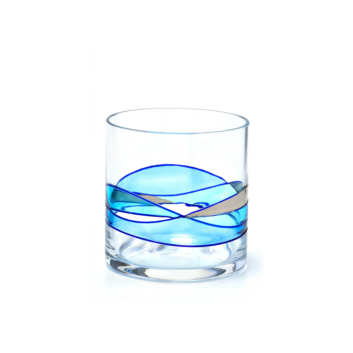 Mediterranean Blue whiskey glasses, 12 oz – close-up of the hand-painted pattern