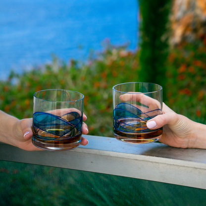Mediterranean Blue whiskey glasses, 12 oz – styled table setting