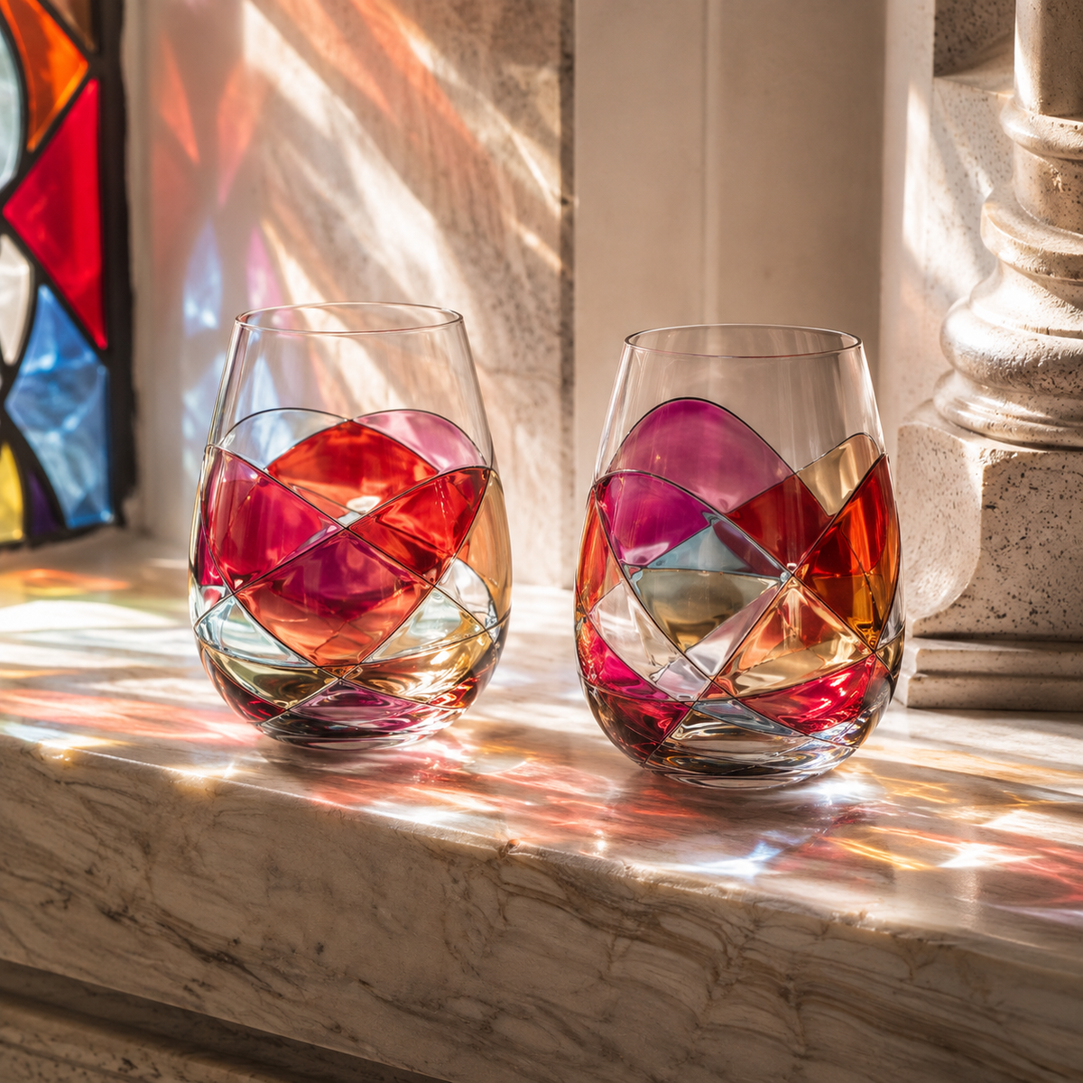 Holiday Founders’ Edition Sagrada Família stemless glasses – stained-glass light effect close-up