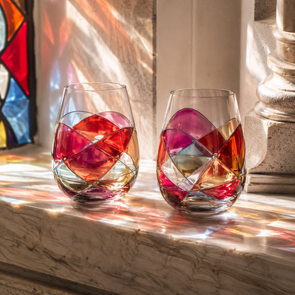 Holiday Founders’ Edition Sagrada Família stemless glasses – stained-glass light effect close-up