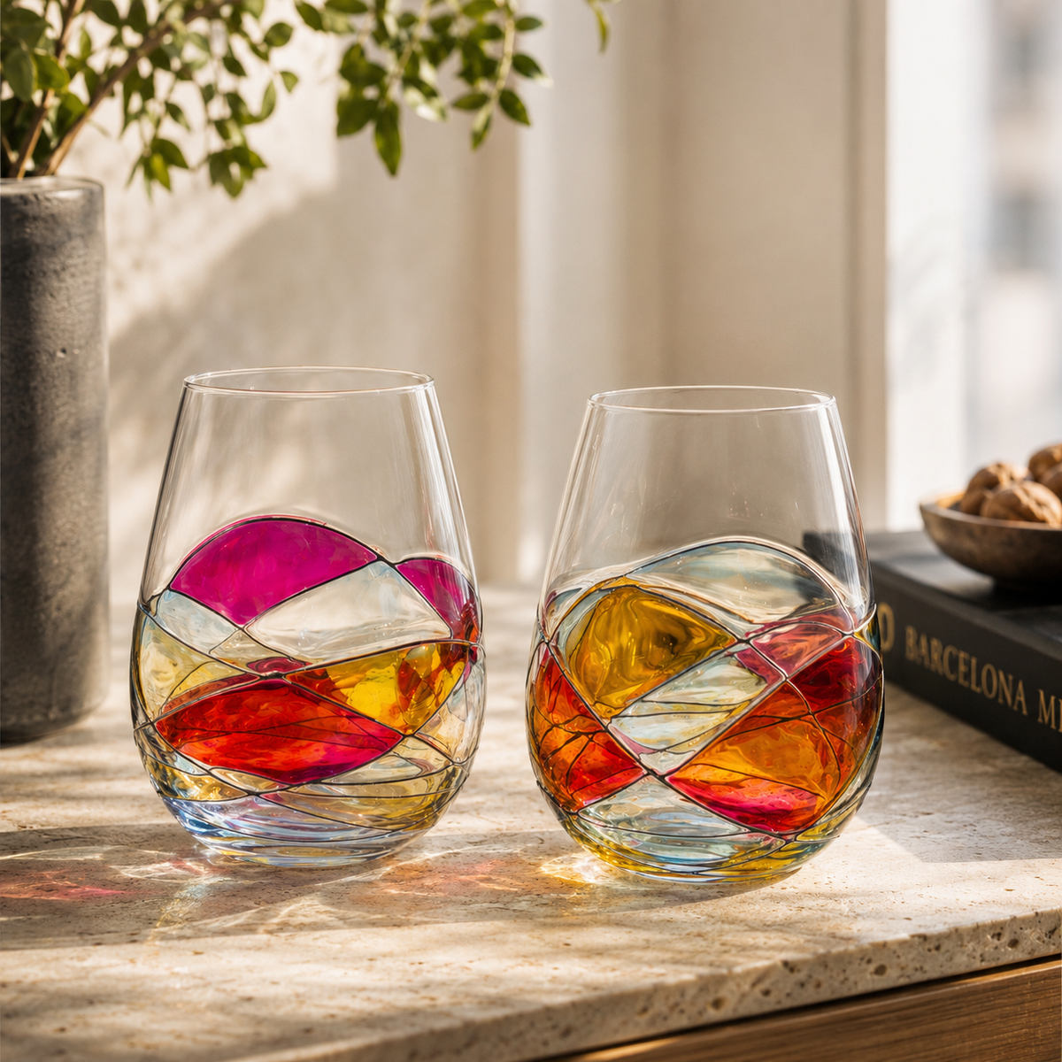 Holiday Founders’ Edition stemless wine glasses – Mediterranean sunlight lifestyle setting